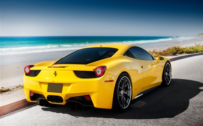 Ferrari gelbes Auto, Meer, Strand Hintergrundbilder Bilder