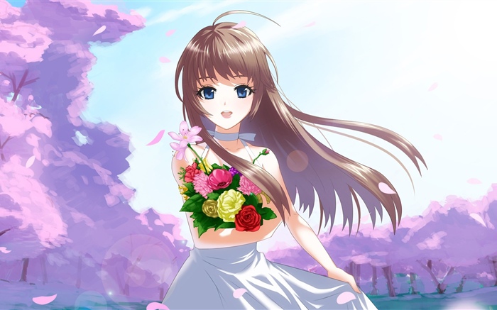 Happy Anime Mädchen, Blumen, Wind Hintergrundbilder Bilder