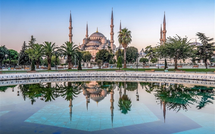 Istanbul, Türkei, Moschee, Bäume, Wasser Hintergrundbilder Bilder