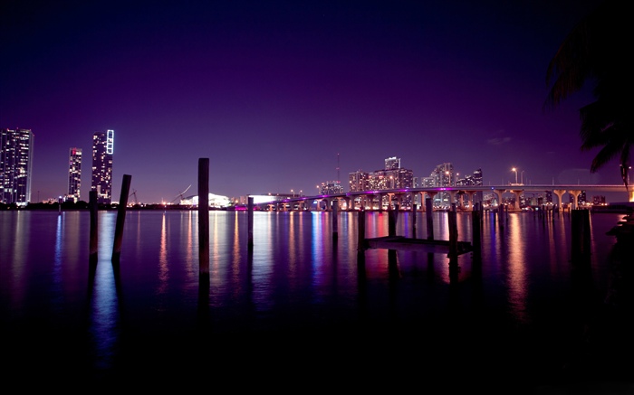 Miami, Stadt, Nacht, Fluss, Wolkenkratzer, Lichter, Nacht, USA Hintergrundbilder Bilder