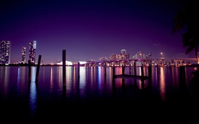 Miami, Stadt, Nacht, Fluss, Wolkenkratzer, Lichter, Nacht, USA HD Hintergrundbilder