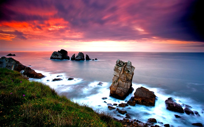 Naturlandschaft, Meer, Felsen, Sonnenuntergang Hintergrundbilder Bilder