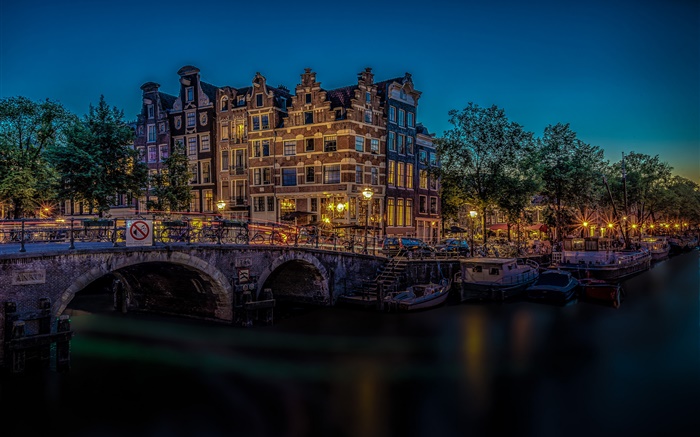 Amsterdam, Niederlande, Brücke, Fluss, Lichter, Nacht Hintergrundbilder Bilder
