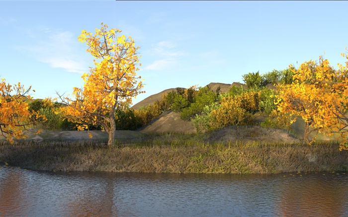 Herbst, Teich, Bäume, gelbe Blätter Hintergrundbilder Bilder