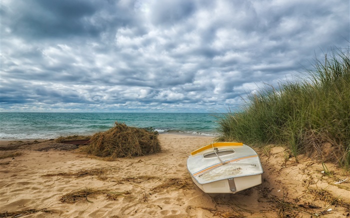 Strand, Meer, Boot, Gras, Wolken Hintergrundbilder Bilder