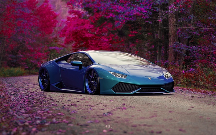 Blue Lamborghini Supercar, Herbst Hintergrundbilder Bilder