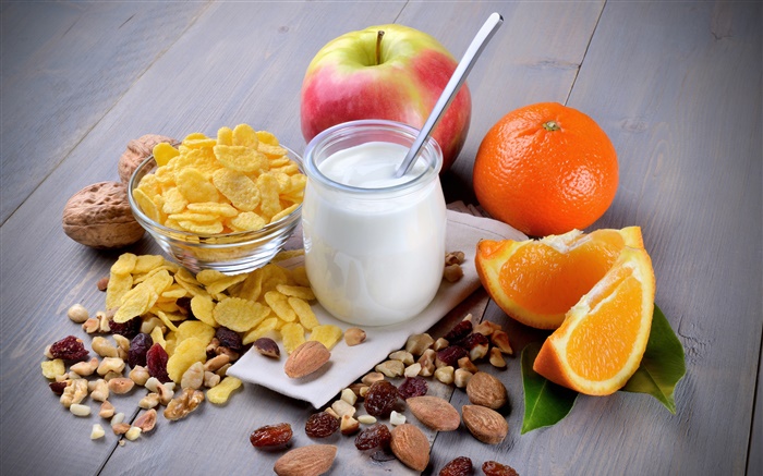 Frühstück, Milch, Apfel, Orange, Nüsse Hintergrundbilder Bilder