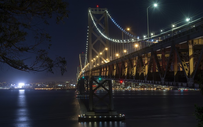 Kalifornien, San Francisco, Brücke, Lichter, Fluss, Nacht Hintergrundbilder Bilder