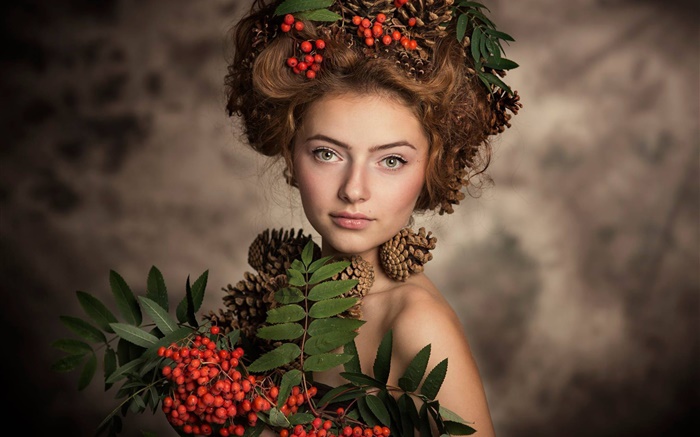 Mädchen, Frisur, rote Beeren Hintergrundbilder Bilder