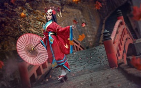 Rotes Kleid Japanisches Mädchen, Kimono, Pose HD Hintergrundbilder