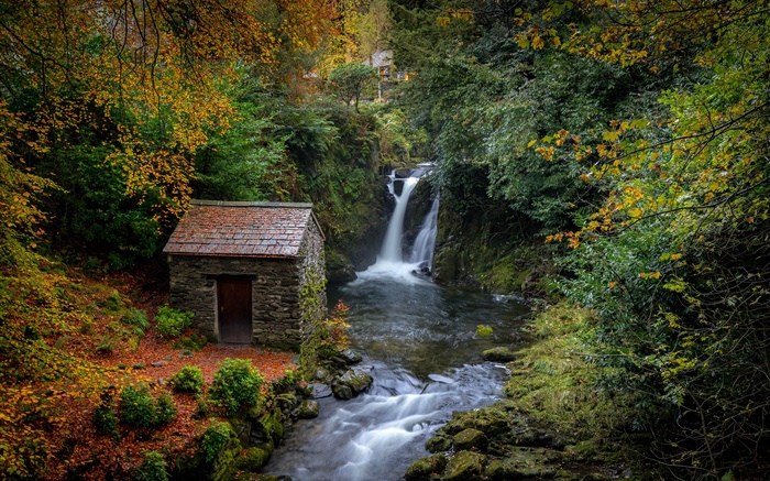 Großbritannien, Cumbria, Wasserfall, Haus, Pflanzen Hintergrundbilder Bilder