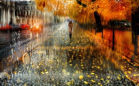 Herbst, Stadt, Regen, Bäume, Mädchen, Straße, Autos HD Hintergrundbilder