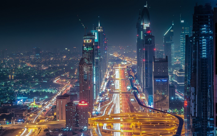 Dubai, Wolkenkratzer, Straßen, Lichter, Nacht Hintergrundbilder Bilder