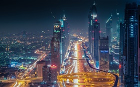 Dubai, Wolkenkratzer, Straßen, Lichter, Nacht HD Hintergrundbilder