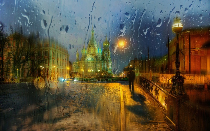 St. Petersburg, Glas, Wassertropfen, Regen, Nacht, Stadt Hintergrundbilder Bilder